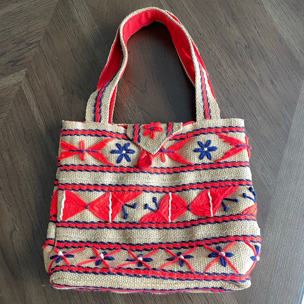 Vintage Jute Tote Bag Crewel Geometric Design Lined Boho Handbag Burlap Yarn